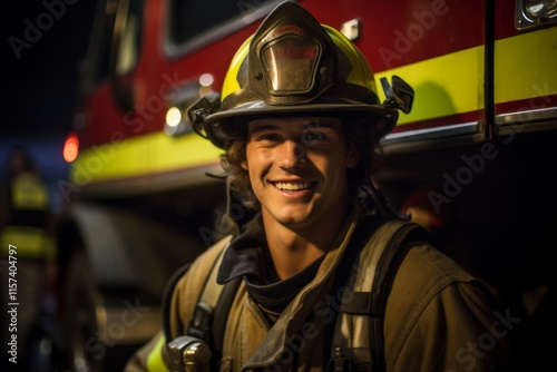 Portrait of a male fire fighter at fire station photo