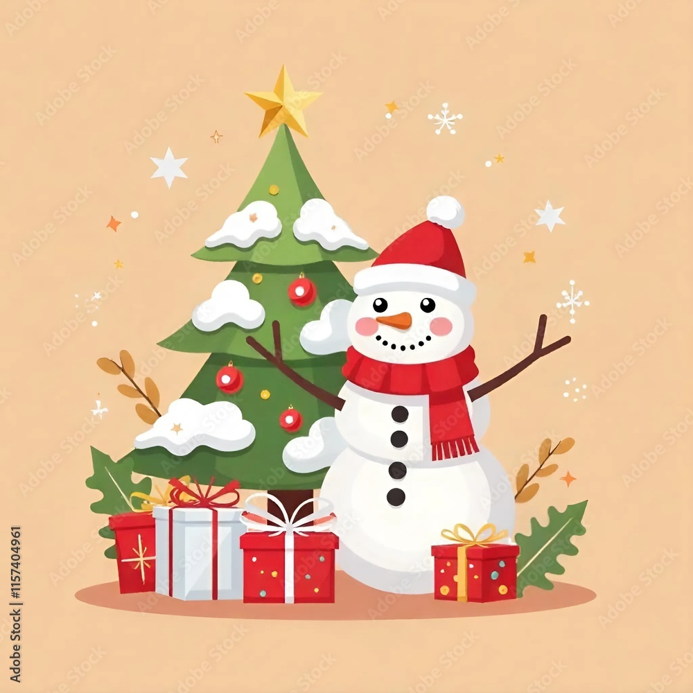 A jolly snowman wearing a red hat and scarf, standing next to a decorated Christmas tree with presents underneath