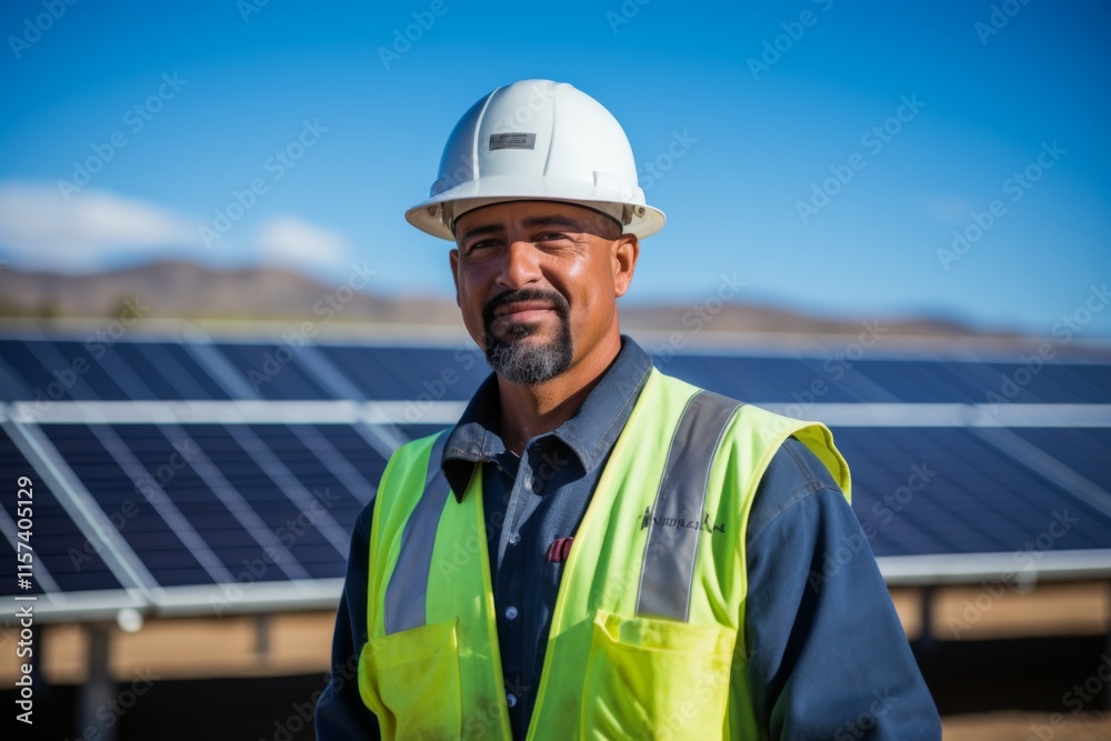 Portrait of a male technician next to solar panels Portrait of a male technician next to solar panels