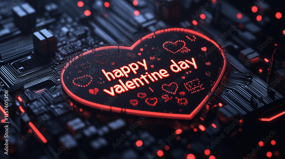 circuit board , happy valentine day's text by technological style , technology background with red light , heart circuit board , happy valentine day's text by technological style , technology background with red light , heart