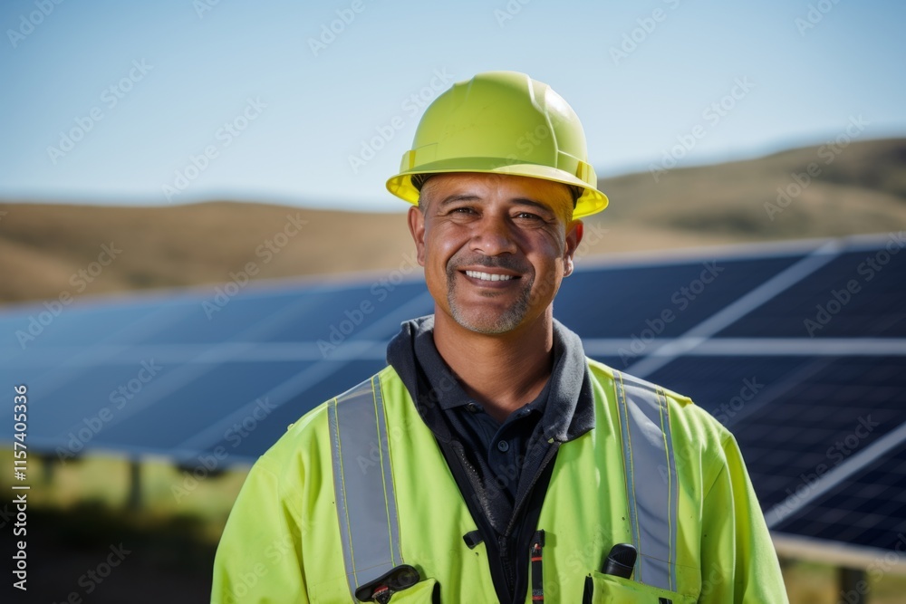 Portrait of a male technician next to solar panels Portrait of a male technician next to solar panels