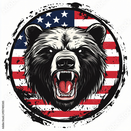 vector illustration of a fierce bear with the US flag in the background photo