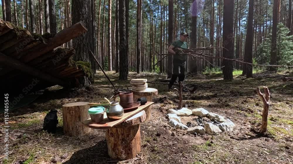 Man bushcrafts and survives in the forest Man bushcrafts and survives in the forest