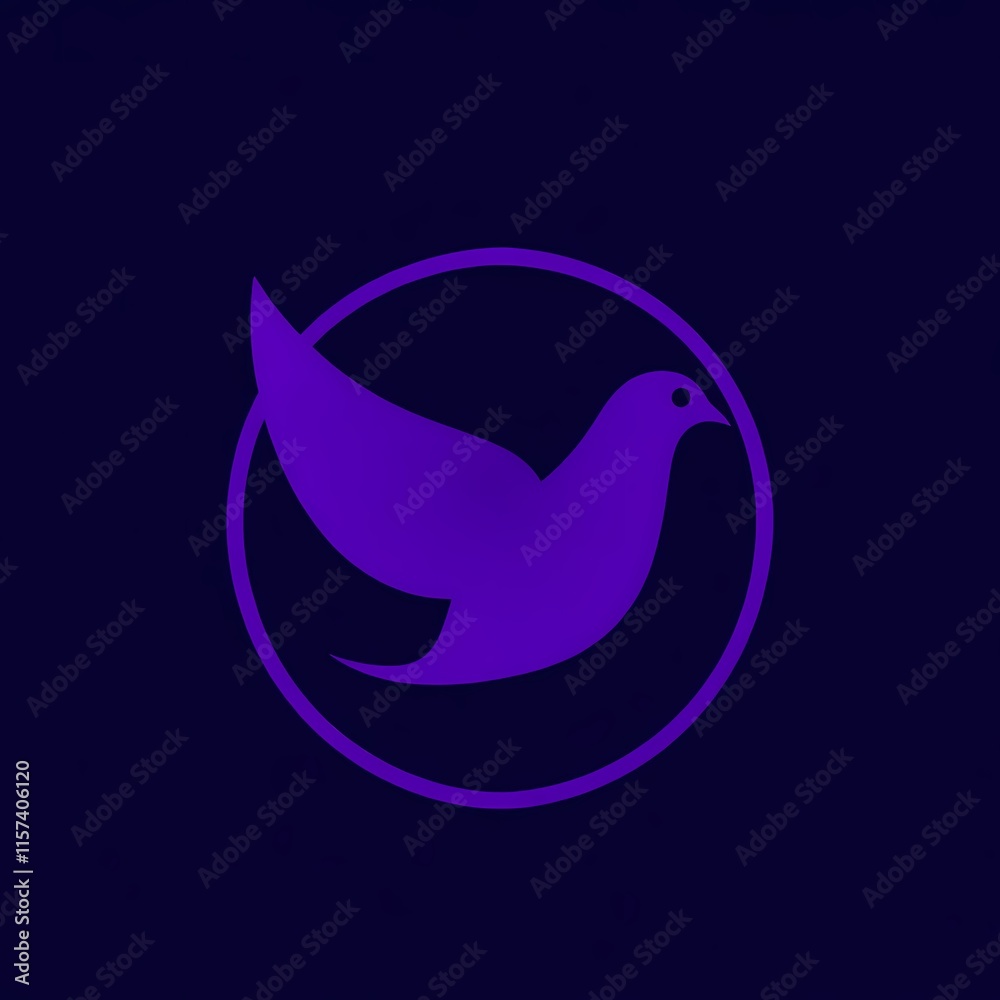 Stylized purple dove silhouette within a circular emblem on a dark background, symbolizing peace and tranquility Stylized purple dove silhouette within a circular emblem on a dark background, symbolizing peace and tranquility