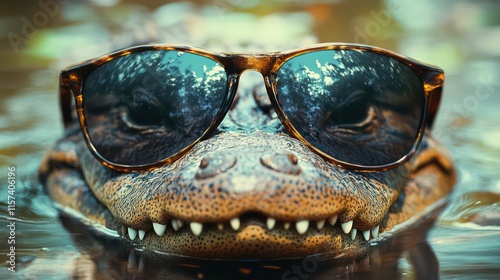 Alligator in sunglasses. Close-up portrait of an alligator. Anthopomorphic creature. A fictional character for advertising and marketing. A humorous character for graphic design. photo