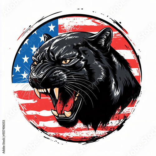 vector illustration of a fierce black panther head with the US flag in the background photo