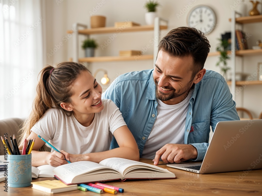 A father and daughter enjoy a cheerful study session in a sunny home office, filled with books and colorful pens, laughing and learning together.