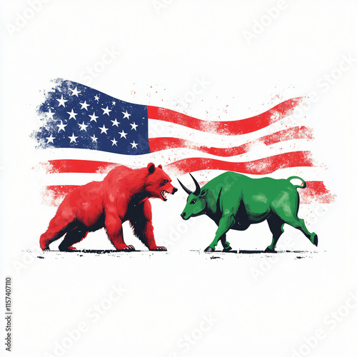 green bullish market versus red bear market, american US stock market illustration, bull and bear photo