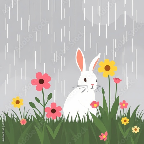 Cute white rabbit sitting in the rain among colorful flowers, charming illustration on a gray background