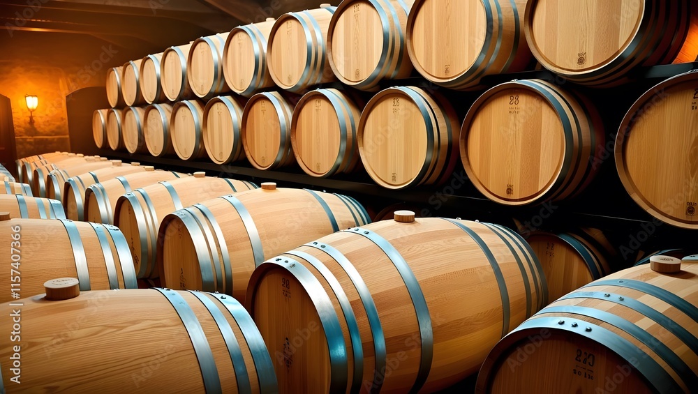 Rows of aged wine barrels in a dimly lit cellar, promising rich stories and exquisite flavors. A timeless atmosphere. Rows of aged wine barrels in a dimly lit cellar, promising rich stories and exquisite flavors. A timeless atmosphere.
