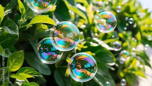 Sunlit soap bubbles dance among lush green leaves, a whimsical scene of childhood joy and carefree bliss.