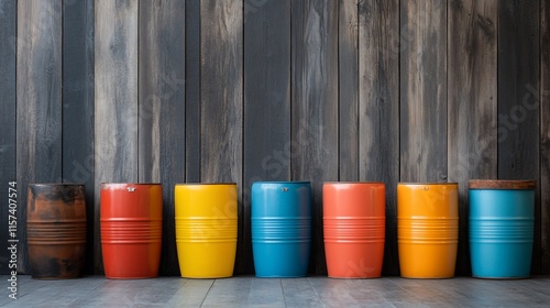 Colorful barrels arranged against a wooden wall. photo