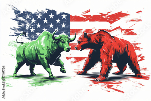 green bullish market versus red bear market, american US stock market illustration, bull and bear photo