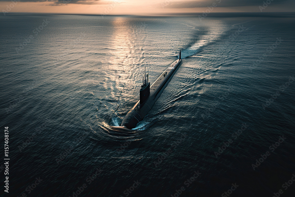 Fototapeta premium Beautiful large submarine floating in middle of deep ocean during mission, abstract vivid composition consists of fictional unreal fantastic vision on background
