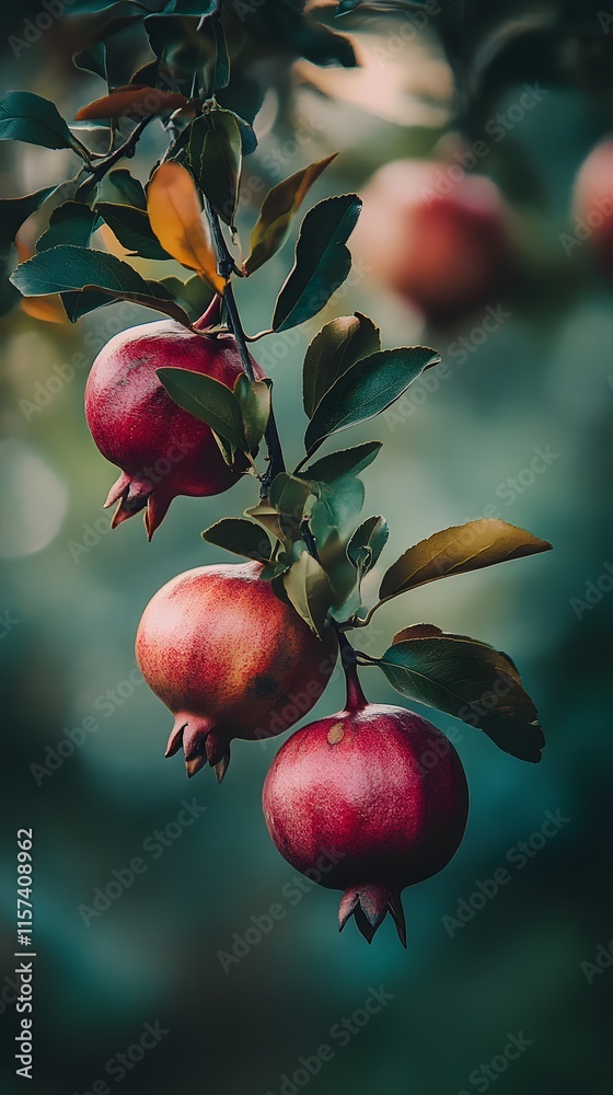 Three Pomegranates Hanging On A Branch With Lush Green Leaves Three Pomegranates Hanging On A Branch With Lush Green Leaves
