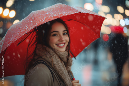 Smiling young woman with red umbrella enjoying a rainy day in the city