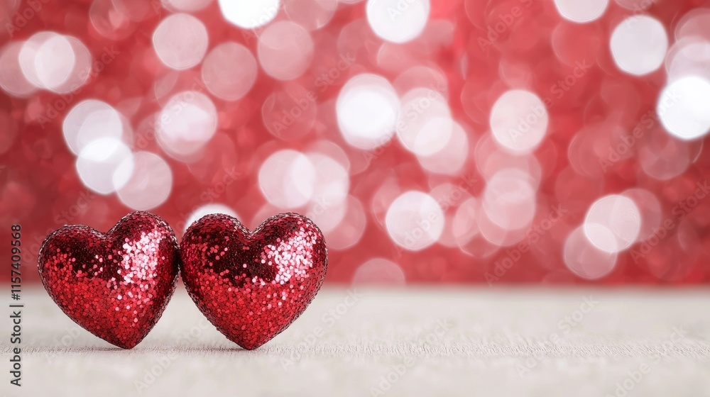 Two glittering red hearts sit side by side against a sparkling red bokeh background, symbolizing love and affection. Two glittering red hearts sit side by side against a sparkling red bokeh background, symbolizing love and affection.