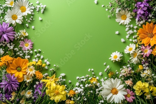 Colorful Flower Border with Vibrant Blooms Framing a Green Background, Perfect for Seasonal Celebrations and Nature-Inspired Designs