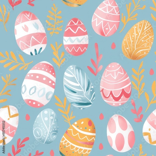 A pattern with easter eggs and leaves on a blue background photo