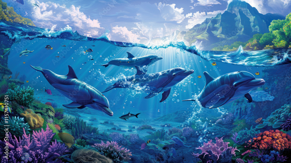 Obraz premium A playful group of dolphins swimming near the ocean surface with coral reefs below