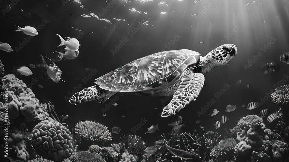 Obraz premium A sea turtle gliding effortlessly above a coral reef surrounded by tropical fish