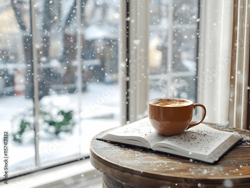 Cozy winter scene steaming coffee mug on open book near snowy window. photo