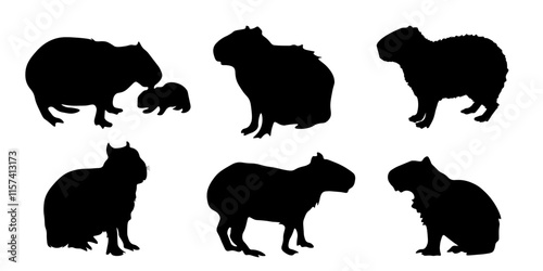 Set of capybara silhouettes. Cute capybara. Funny flat collection. Kawaii hand drawn capybara, isolated design