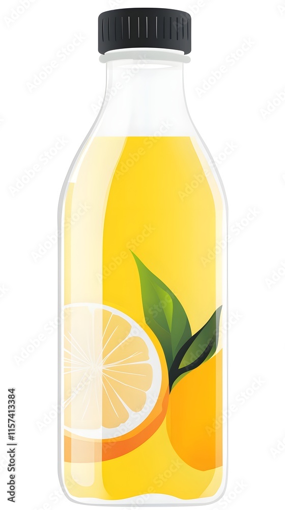 A glass bottle filled with yellow lemon juice A glass bottle filled with yellow lemon juice