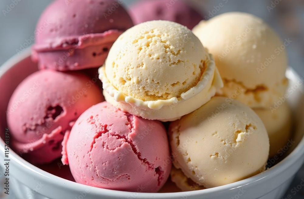 pink and yellow ice cream scoops in a white plate close-up pink and yellow ice cream scoops in a white plate close-up