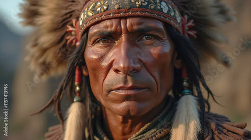 Chief of Apache Indians Native American Indigenous Tribe Close-up Portrait