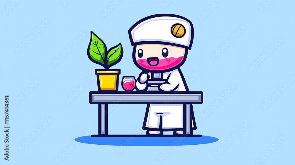 Cute cartoon scientist examining plant sample in lab. Cute cartoon scientist examining plant sample in lab.