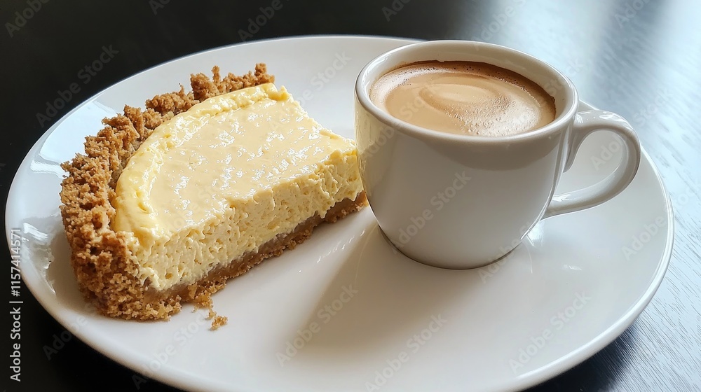 A slice of cheesecake on a plate next to a cup of coffee. A slice of cheesecake on a plate next to a cup of coffee.