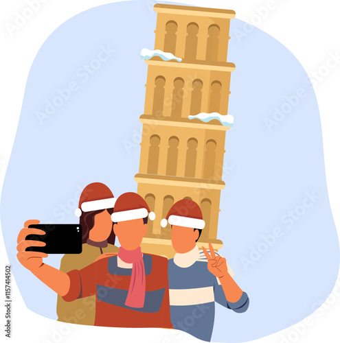 Friends take selfies near the Leaning Tower of Pisa  on Christmas.