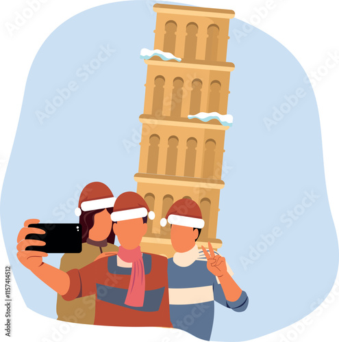 Friends take selfies near the Leaning Tower of Pisa  on Christmas.
