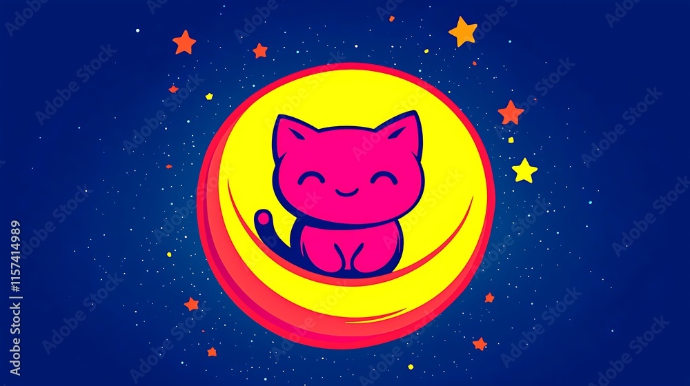 Fototapeta premium Cute pink cat sitting on a yellow moon in space, surrounded by stars.