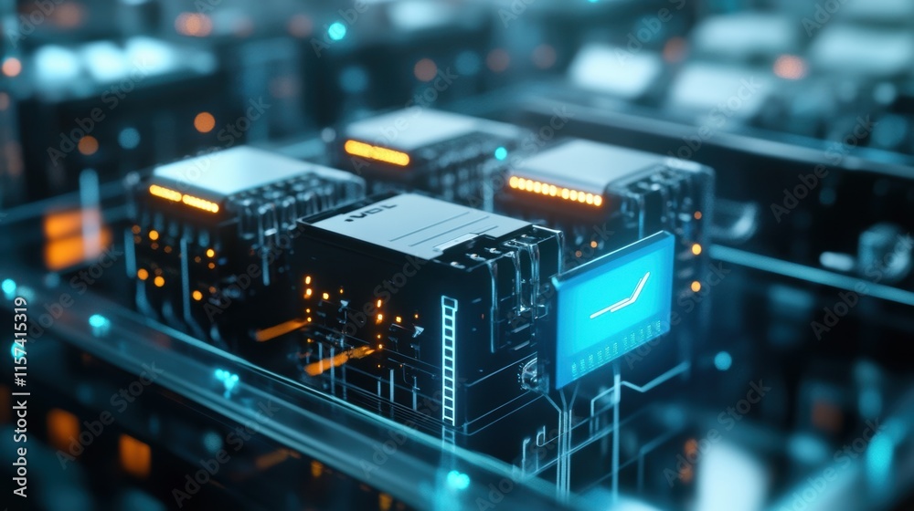 A view of a bank of compact battery systems being charged connected to sleek circuitry and showcasing the microfactorys commitment to sustainable energy management. A view of a bank of compact battery systems being charged connected to sleek circuitry and showcasing the microfactorys commitment to sustainable energy management.