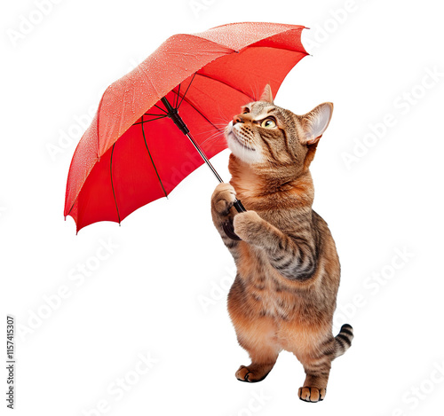 Cute cat with an umbrella looking up, isolated on transparent cutout background
 photo