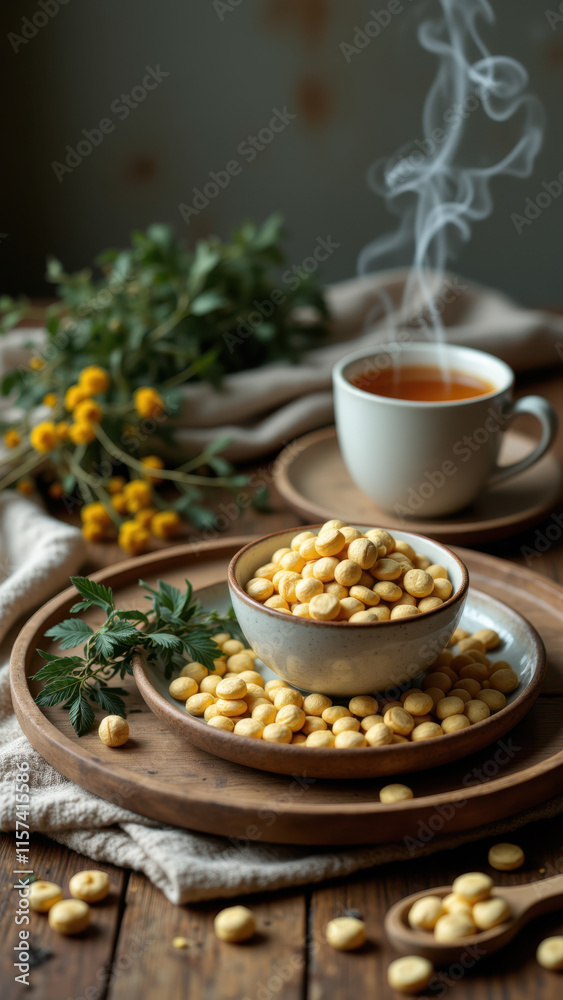 Close-up of a wooden tray with magnesium tablets, herbs, and a hot beverage cup releasing steam on a rustic surface. Close-up of a wooden tray with magnesium tablets, herbs, and a hot beverage cup releasing steam on a rustic surface.