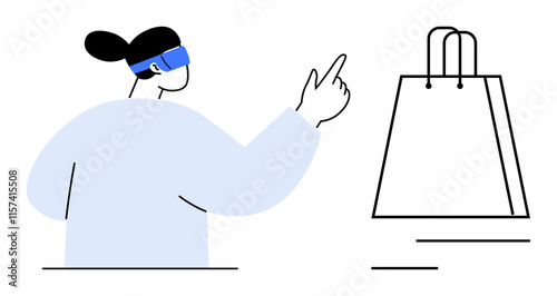 Woman wearing augmented reality headset, pointing toward a shopping bag. Ideal for e-commerce, virtual shopping, AR technology, futuristic retail, online commerce, innovation digital marketing. Line