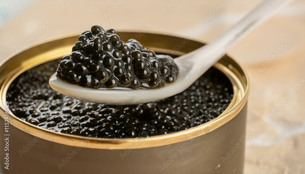 Black caviar in the black can with spoon closeup Black caviar in the black can with spoon closeup