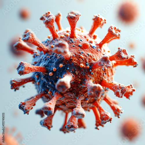 Virus cell showing structure and spikes. 3D rendering. World Pandemic