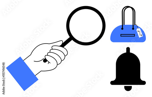 Hand holding magnifying glass examining a blue purse and black alert bell. Ideal for shopping, search, notifications, e-commerce, retail, security, inspections. Line metaphor