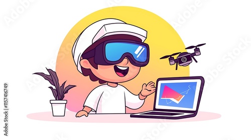 Wallpaper Mural Happy child using VR goggles, drone, and laptop for surveying. Torontodigital.ca