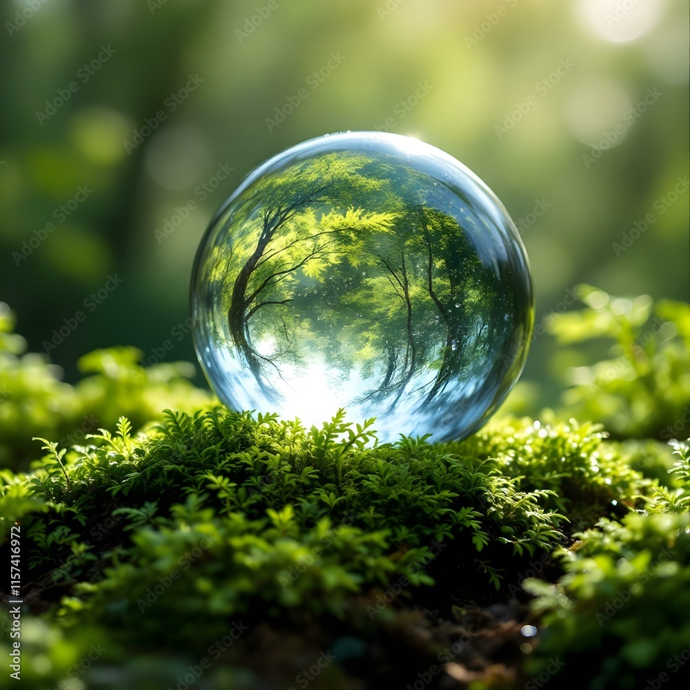 Crystal sphere, lush forest reflection, vibrant green moss Crystal sphere, lush forest reflection, vibrant green moss