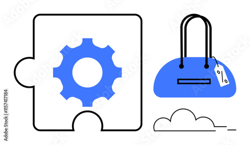 Gear icon inside puzzle piece next to a handbag with a tag, suggesting compatibility. Ideal for retail, manufacturing, product design, engineering, marketing, e-commerce technology. Line metaphor