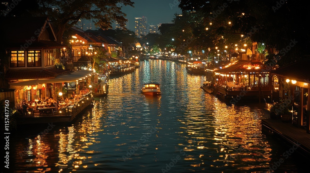 Fototapeta premium Night view of illuminated canal with boats and riverside restaurants.
