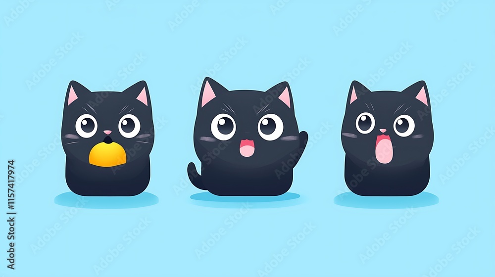 Three cute black cartoon cats with different expressions. Three cute black cartoon cats with different expressions.