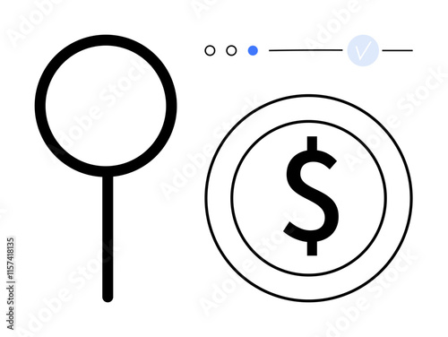 Magnifying glass and dollar sign, with checkmark and sliders. Ideal for finance, search optimization, verification, e-commerce, audits, research financial planning. Line metaphor photo