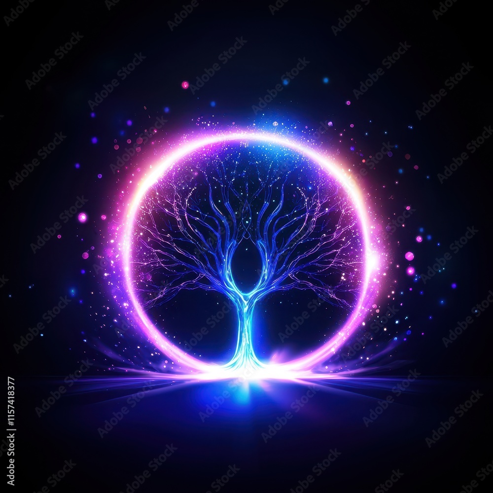 Fototapeta premium A bold neon tree with glowing branches and leaves in dynamic gradients of teal and magenta, surrounded by swirling light patterns and faint sparkles, symbolizing growth and modernity. 