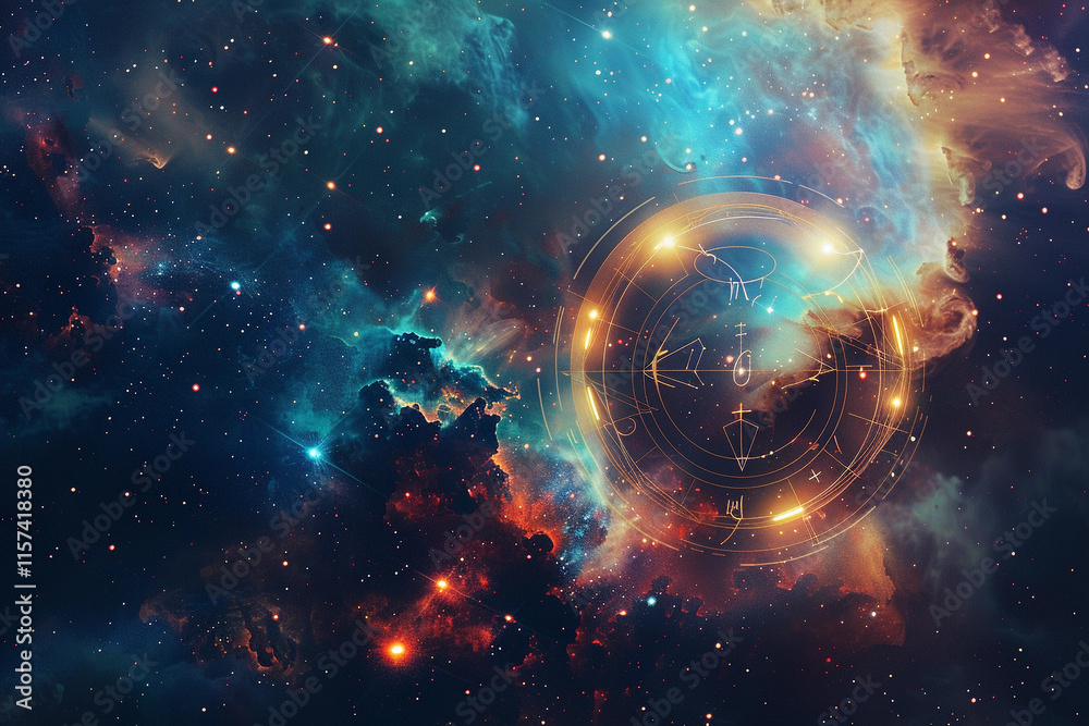 Obraz premium Astrological abstract composition with zodiac circle in signs and symbols, abstract vivid composition consists of fictional unreal fantastic vision on background